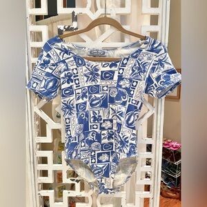 Vintage 90s Bonjour Mediterranean print Bodysuit, stretchy cotton